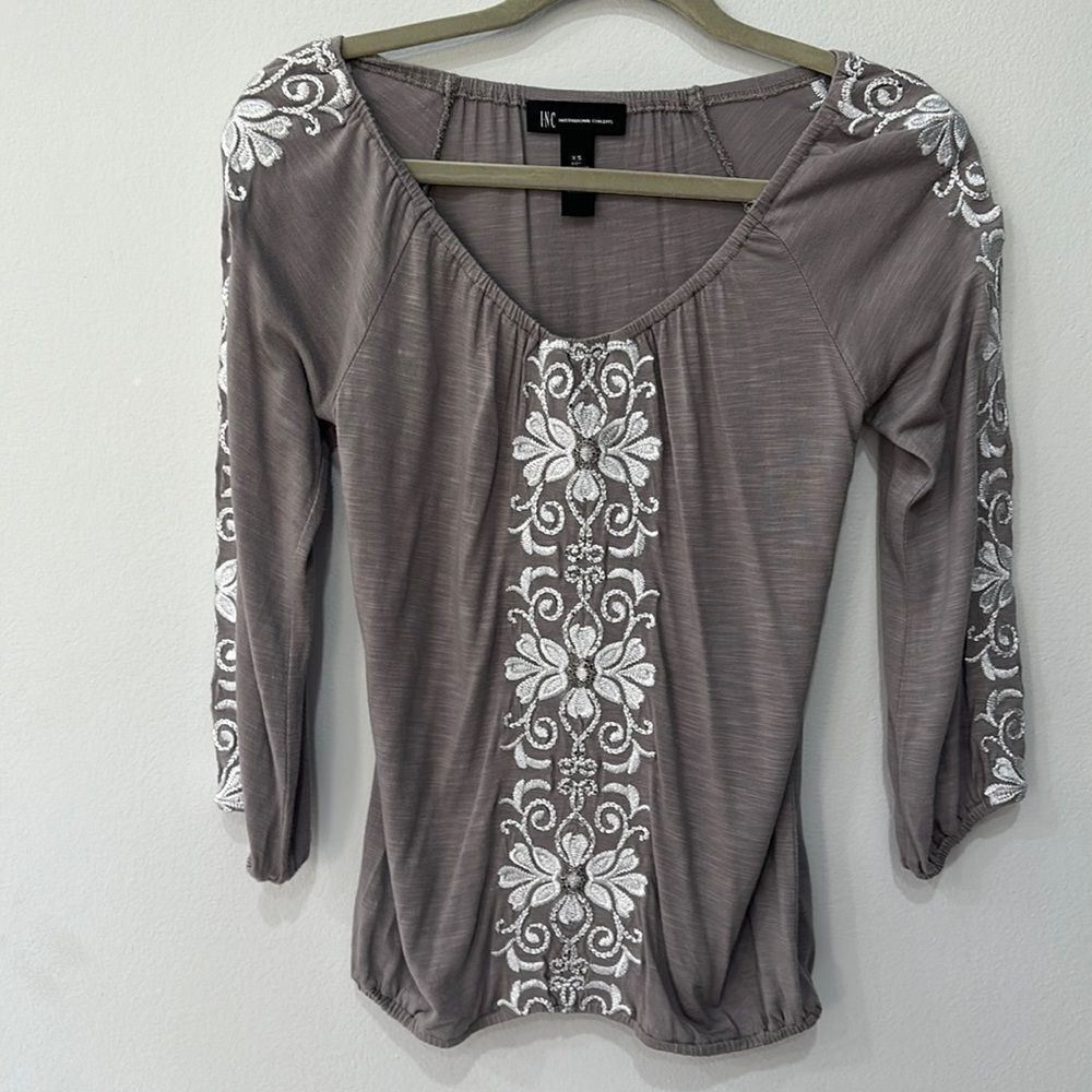 INC International Concepts Embroidered Sleeve Floral Beaded Top Size XS